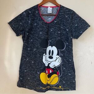 Disney Mickey Mouse‎ Top Scrub Womens Small Pockets V-Neck Short Sleeve